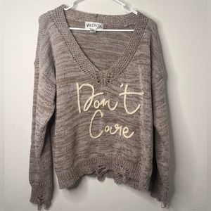WILDFOX Don’t Care Never Cared Distressed V Neck Long Sleeve SweaterTaupe Sz S